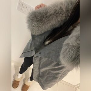 Gray Mid Length Fox Fur Trim Down puff Jacket